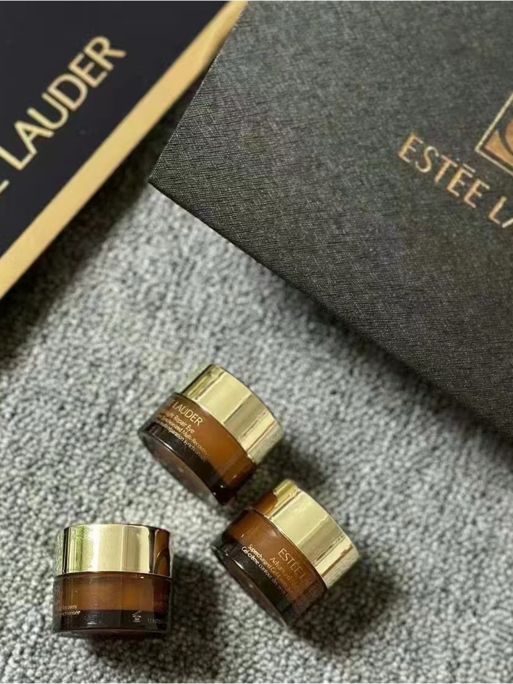 Estee Lauder Brown Glass Skincare Jars with Gold Lids